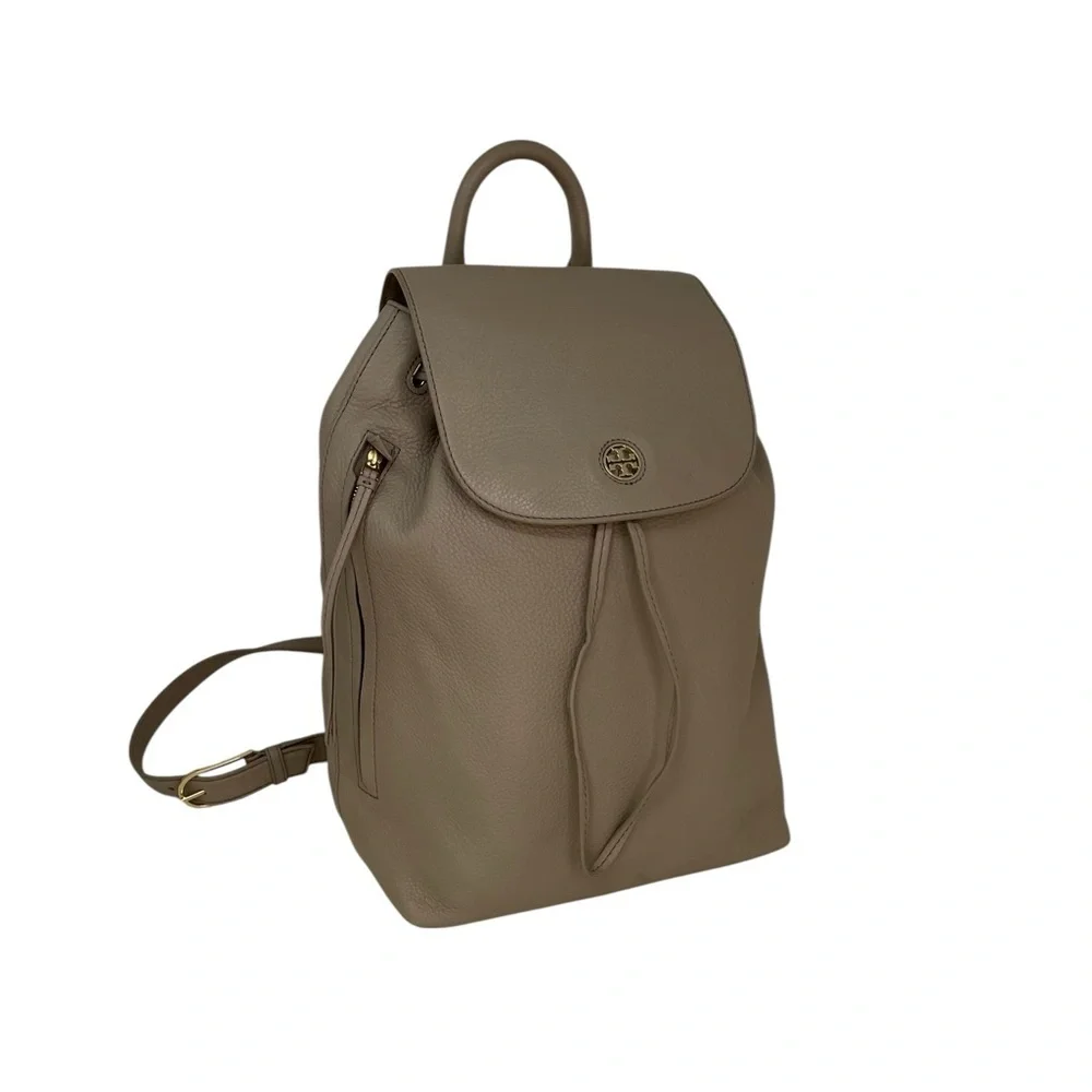 TORY BURCH Backpack Taupe Brown Leather Flap Top Drawstring Adjustable Straps